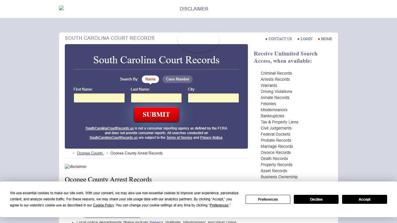 Oconee County Arrest Records SouthCarolinaCourtRecords.us